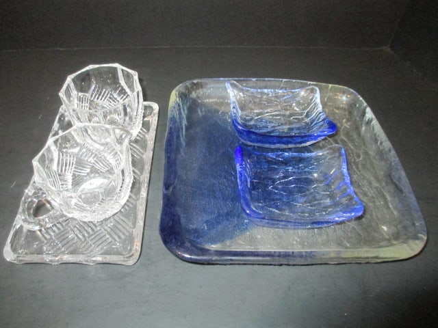Crystal Creamer and Sugar Set and Blue Crinkle Glass Tray and Tidbit Dishes: Creamer/Sugar 2 1/4"h, Crinkle tray 8 1/2" square, tidbit dishes 3 3/4"x 2 3/4" 