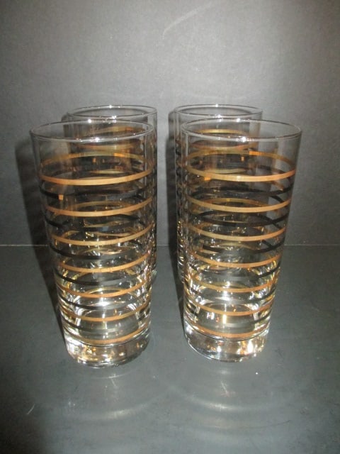 Four Gold and Silver Ringed Iced Tea Glasses: 6 1/4"h, some slight wear to bands