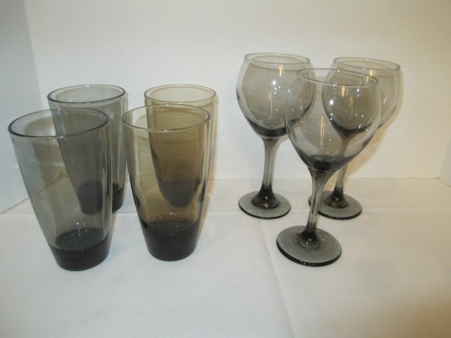 Midcentury Smoke Glass Stems and Iced Tea Tumblers: (3)8" stems, (2)6" bronze glass, (2)6" smoke glass