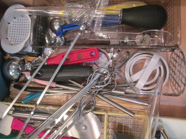 Contents of Two Kitchen Drawers and Base Cabinet-Kitchen Utensils, Plastic Ware, - 7