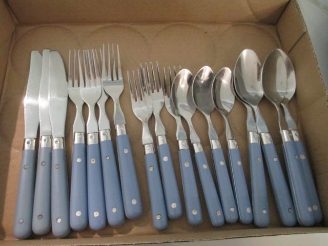 17 Pieces of Blue Handle WF Mardi Gras Stainless Flatware: . 