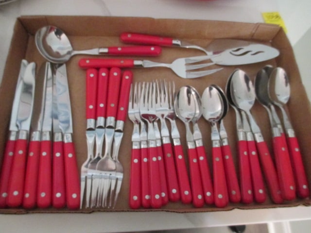 30 Pieces of Red Handle Lifetime Stainless Flatware and Serving Pieces: . 