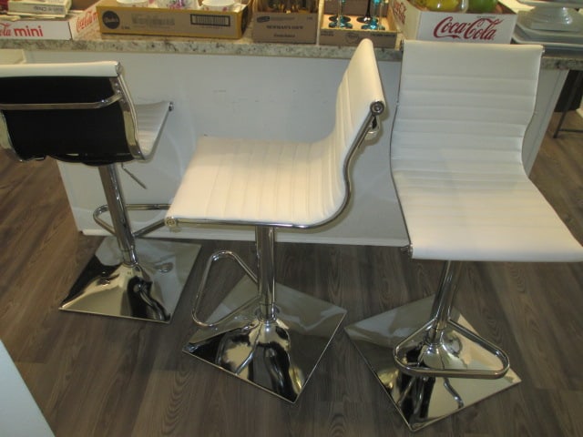 Three Lumisource White and Chrome Contemporary Modern Style Swiveling Bar Chairs: 16 3/4" w, Local Pickup Only