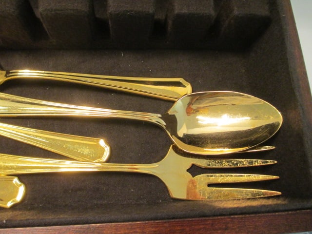 Roger Gold Plated Stainless Flatware and Serving Pieces in Wood Silver Chest - 7