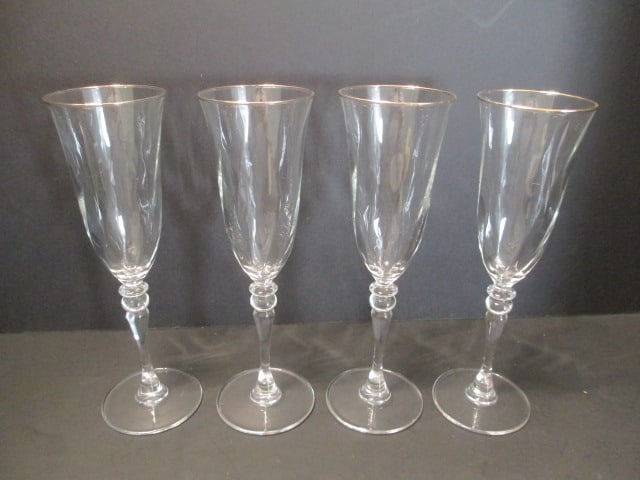 Four Gold Edge Band Crystal Flutes: 8 3/4"h, swirl design with bubble stem 