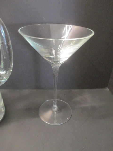 Art Glass Cocktail Pitcher with Stirrer, Three Martini Glasses and Four Olive Picks - 3