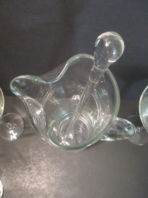 Art Glass Cocktail Pitcher with Stirrer, Three Martini Glasses and Four Olive Picks - 6