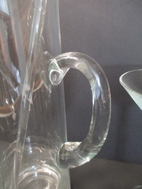 Art Glass Cocktail Pitcher with Stirrer, Three Martini Glasses and Four Olive Picks - 7