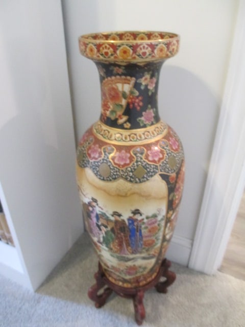 Satsuma Raised Moriage Temple Floor Urn with Wood Stand: Urn 24"h, stand 5 1/2"h, marked Satsuma in red on bottom, Due to size local pickup suggested, Please call UPS Store at (864)268-6068 for shipping quote 