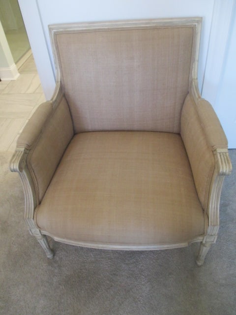 French Country Style Upholster Carved Wood Arm Chair: 3 1/2"w, beige linen/slub woven upholstery, arms have a few small picks, Local Pickup Only