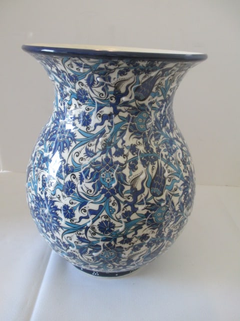 Large Ceramic Transferware Ovoid Urn-Form Vase with Textured Glaze Accents: 12 1/4"h, small chip on bottom rim 