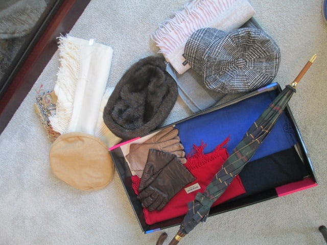Cashmere Scarves/Pashminas, Fur Hat, Oscar de la Renta Berret, Flat Cap,: Ralph Lauren Polo Umbrella and Two Pair of Lined Leather Gloves 