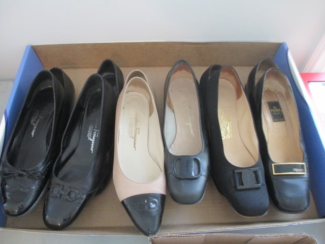 Five Pair of Vintage Salvatore Ferragamo and One Pair of Fendi Ladies Leather Low Heel: Pumps/Loafers. All Size 8, See all pictures for styles, Black and tan pair need new heel taps 