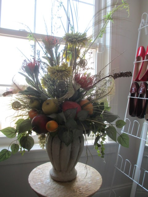 Plaster Melon Urn Vase with Fruit and Floral Artificial Arrangement: Fall color scheme, Vase 11"h, Arrangement approx. 42"h, Heavy! Local Pickup Only 