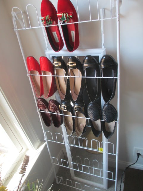Over the Door Mirror and Shoe Rack with Seven Pair of Gently Worn Low Heel Pumps: and Flats. Shoes size 8, See all pictures for styles, Local Pickup Only 
