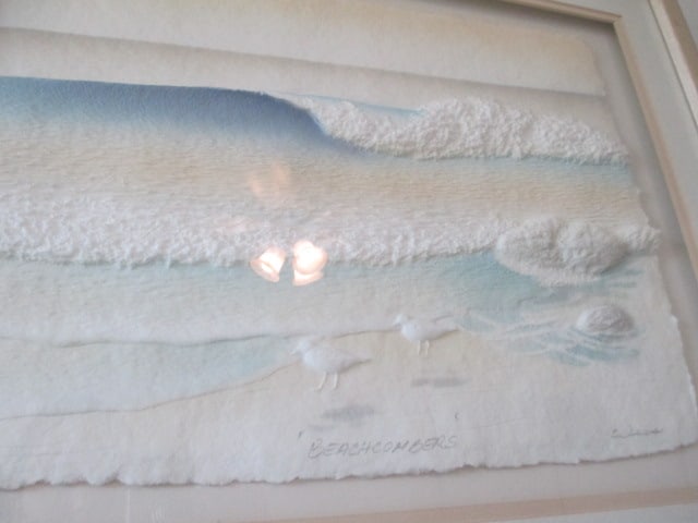 Pencil Signed and Titled Cast Paper Relief "Beachcombers" Watercolor Hand-Textured Fiber Art - 2