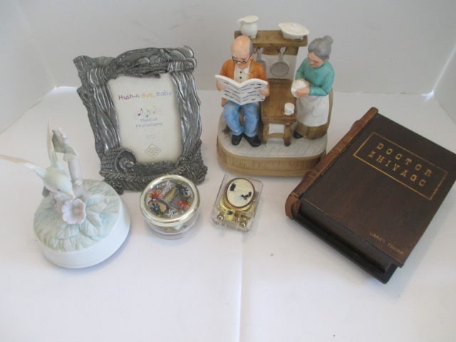 Musical Figurines, Trinket Box, Pewter Baby Photo Frame, Cameo Silhouette, etc.: "Doctor Zhivago" is wound tight, all others wind and play, hummingbird figurine has broken beak, round ring box has crack 