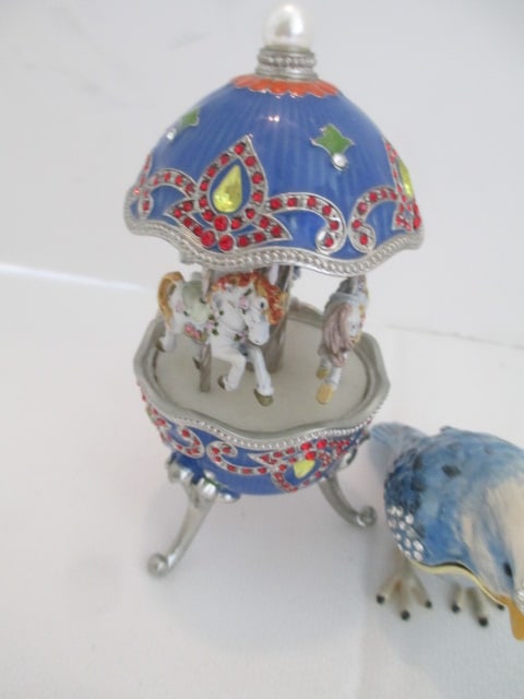 Enameled and Jeweled Musical Egg Carousal, Blue Bird Pill Box and Jeweled Mirror Compact - 4