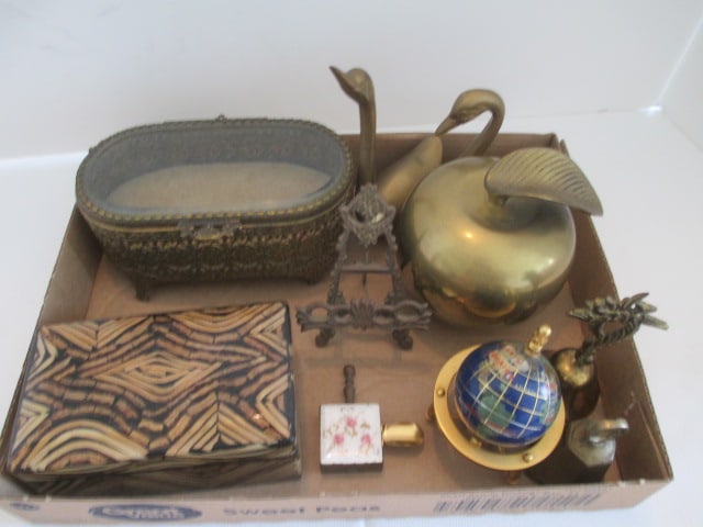 Nito Vine Resin-Laminated Prayer Box, Brass Apple Paperweight, Miniature Natural: Stone World Globe, Brass Servant Bells, Miniature Brass Easel, Two Brass Swan Figurines and Beveled Glass Top Pierced Brass Vanity Box 