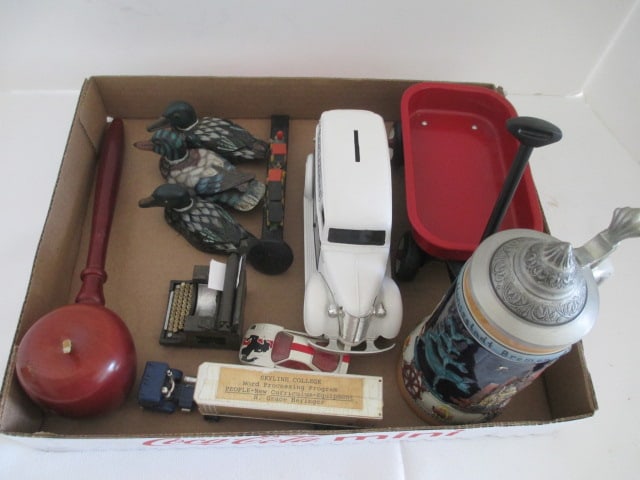 Man Grouping-Ertl 1938 Chevy Panel Truck Scaled Diecast Coin Bank, Handpainted: Miniature Duck Decoys, Gerz Germain Pewter Lid Stein, Miniature Radio Flyer Wagon, Carved Wood Apple Gavel, Souvenir Railroad Spike, etc. 