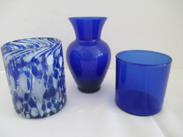 Three Hand Blown Art Glass Vases: Confetti 4"h, Cobalt blue urn 5"h, cobalt blue 3" 