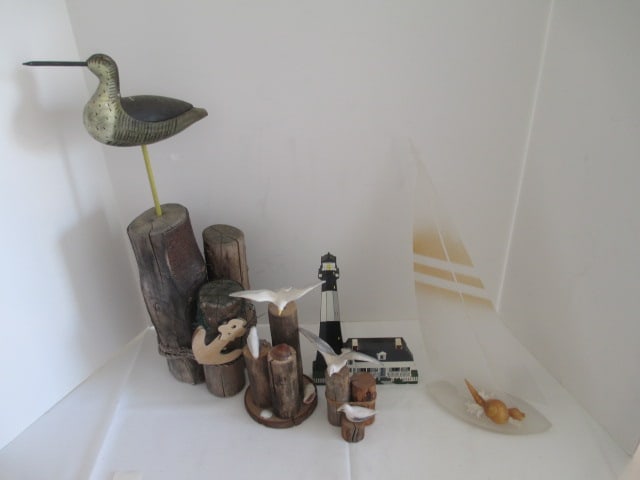 Seagull Figurines, Sailboat Sculpture and Shelia's "Tybee Island, Ga. Lighthouse": . 