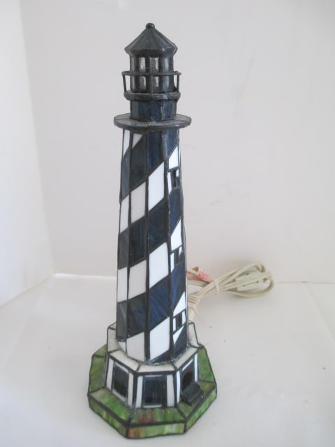 Stained Glass Style Lighthouse Night Light and Two Seagull Sculptures - 6