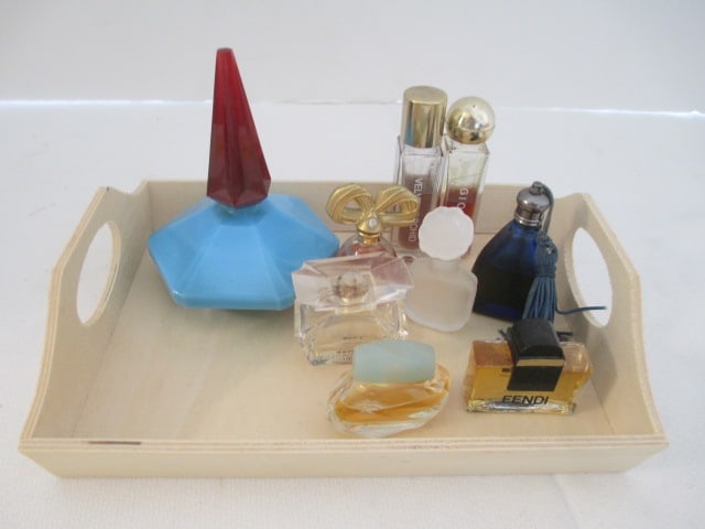 Grouping of Miniature Bottles of Designer Fragrances with Wood Tray: Badgley Mischka, Fendi, Fragrance Boutique Gio and Velvet Orchid, Lou Cou Cacharel, etc. Some bottles are missing labeling-see all pictures for selection, Flammable Products-No Shipping, Local Pickup