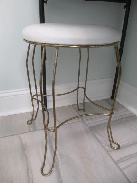 Midcentury Gold Tone Vanity Stool: approx. 15"dia x 18"h, some finish wear on legs, Local Pickup Only 