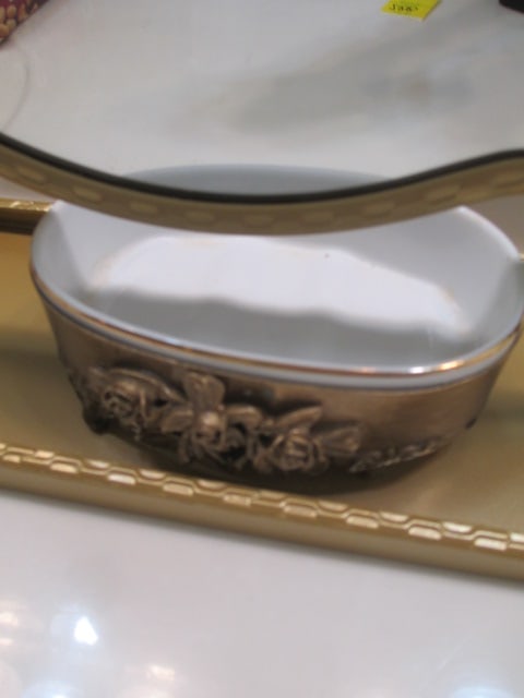 Gold Tone Stand Mirror with Valet Tray and Gilded Soap Dish with Rose Blossom Accents - 2