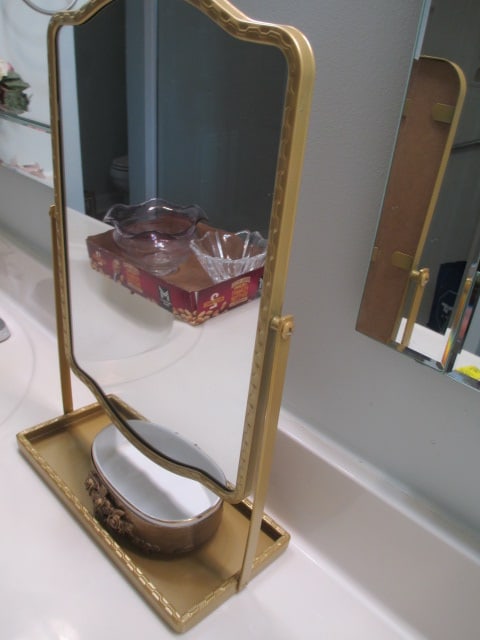 Gold Tone Stand Mirror with Valet Tray and Gilded Soap Dish with Rose Blossom Accents - 3