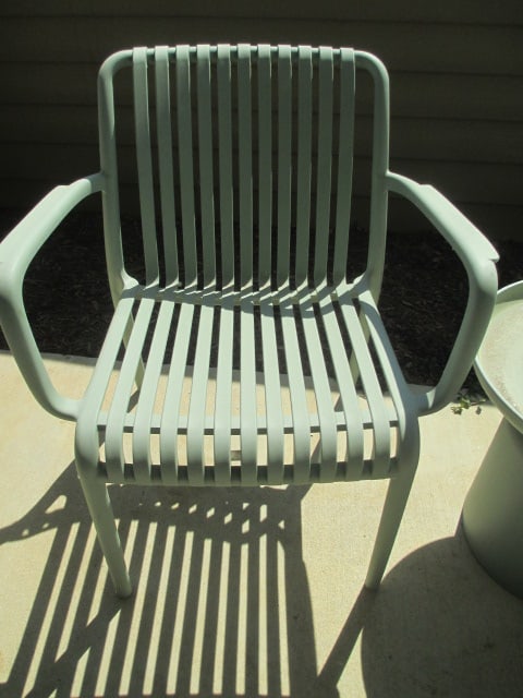 Pair of Sage Green Molded Resin All Weather Slat Arm Chairs and Round Side Table - 2
