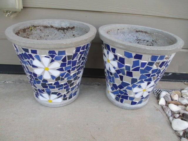 Pair Daisey Mosaic Tile and Concrete Planters: 13"dia x 12 1/2"h, Local Pickup Only 
