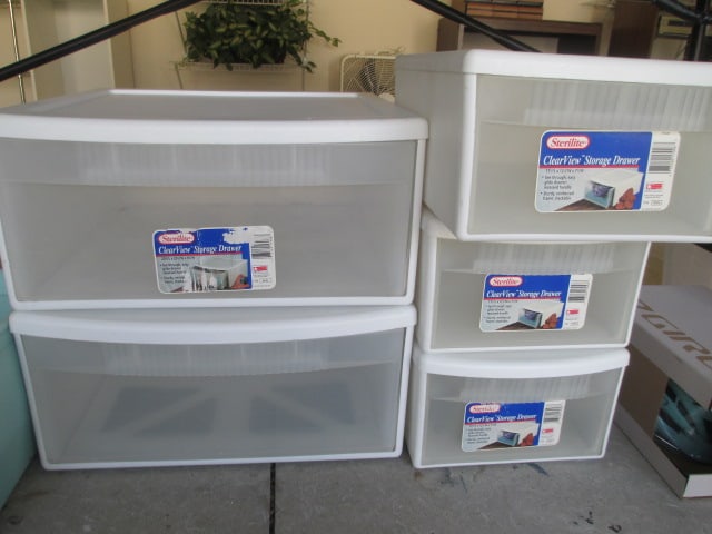 Five Clearview Sterilite Drawer Organizers: (2)20 1/8" x 20 5/8" x 9 7/8", (3)12 1/8" x 17 1/2" x 7 3/4". Local Pickup Only 