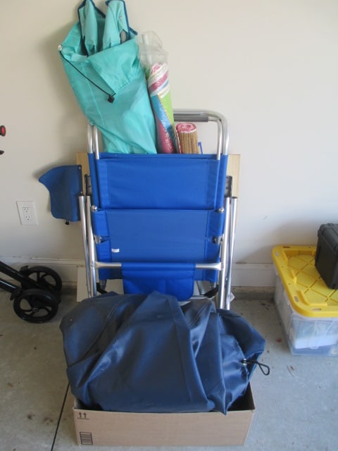 Outdoor Grouping-Folding Beach Chair, Two Woven Beach Mats, Beach Umbrella,: Canvas Folding Recreation Chair, Grill Cover and Round Patio Table Cover. Local Pickup Only