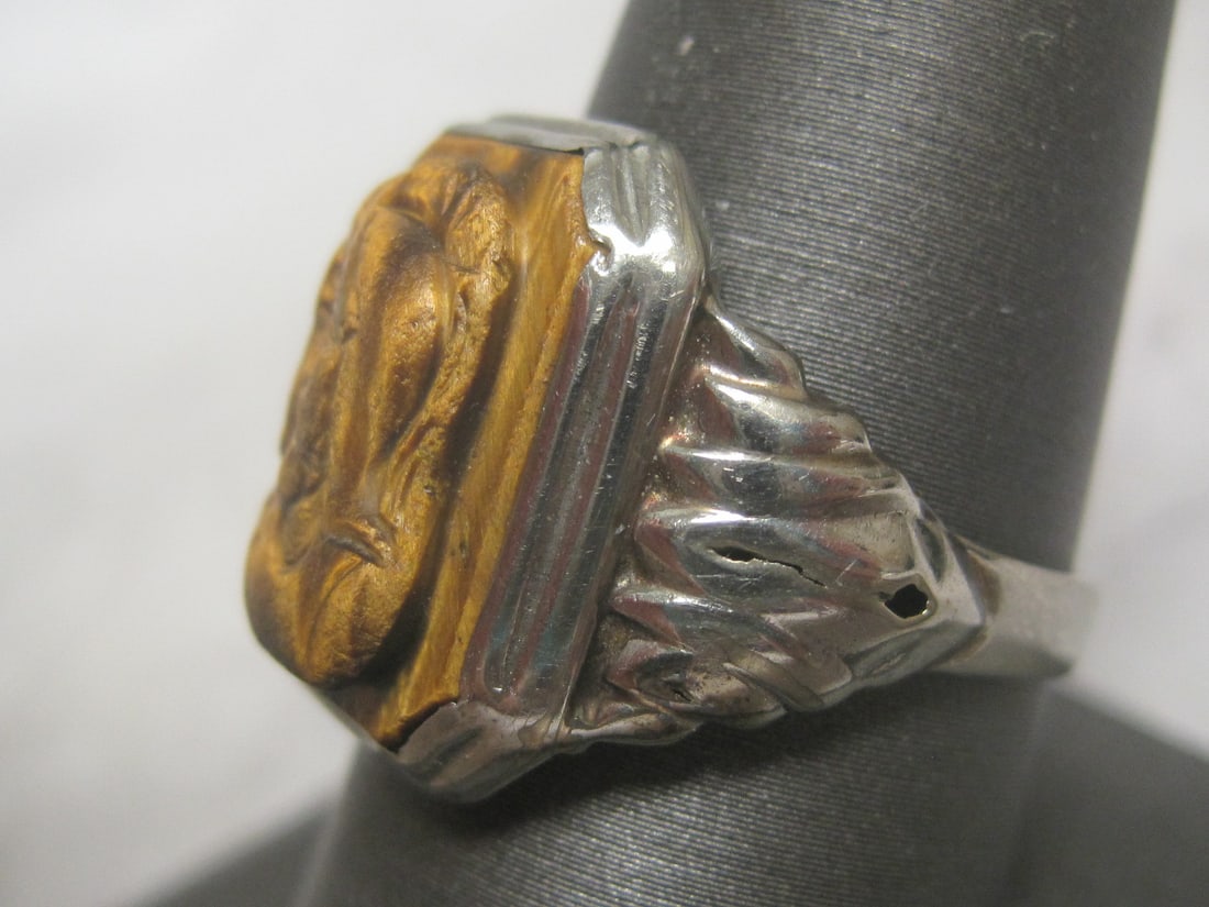 10k White Gold Vintage Tiger's Eye with Carved Trojan Ring - 3