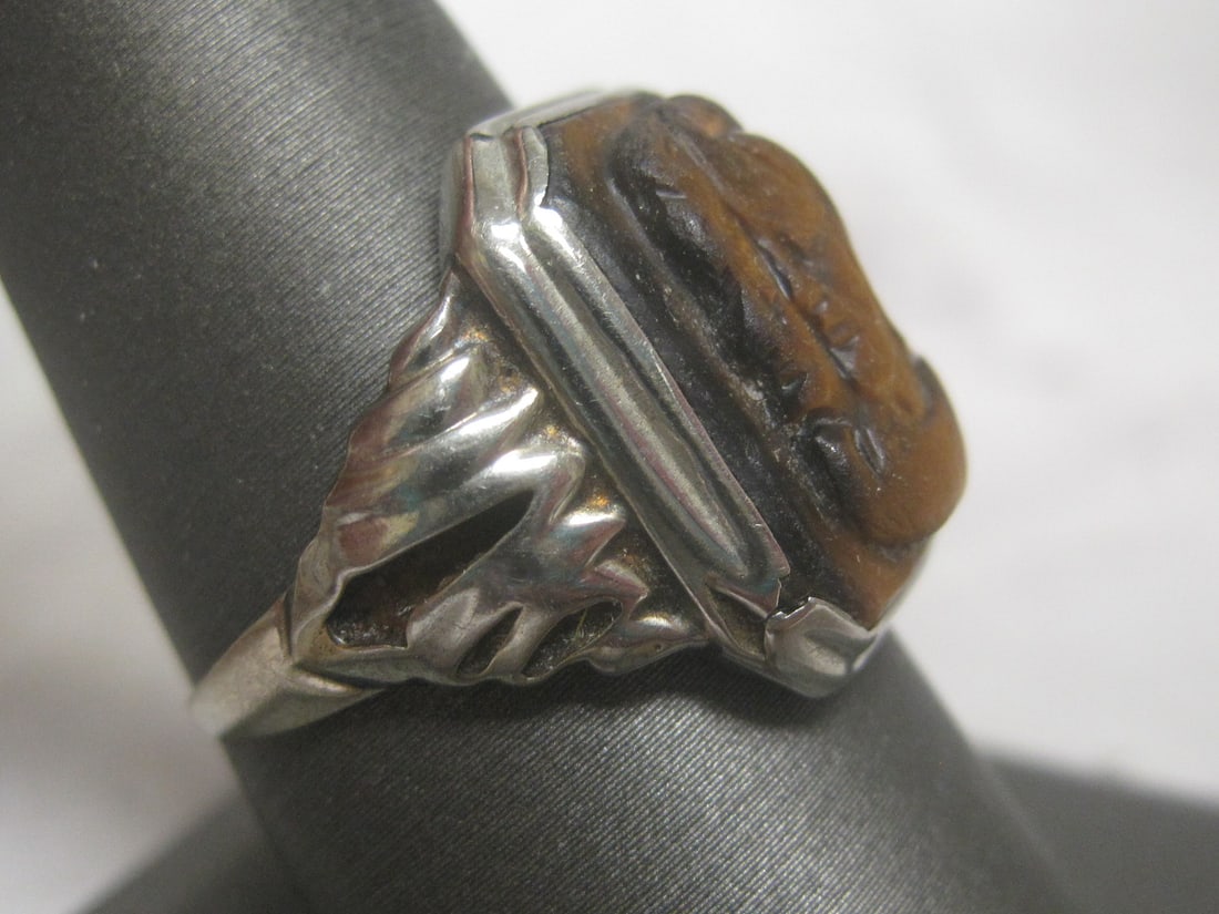 10k White Gold Vintage Tiger's Eye with Carved Trojan Ring - 4