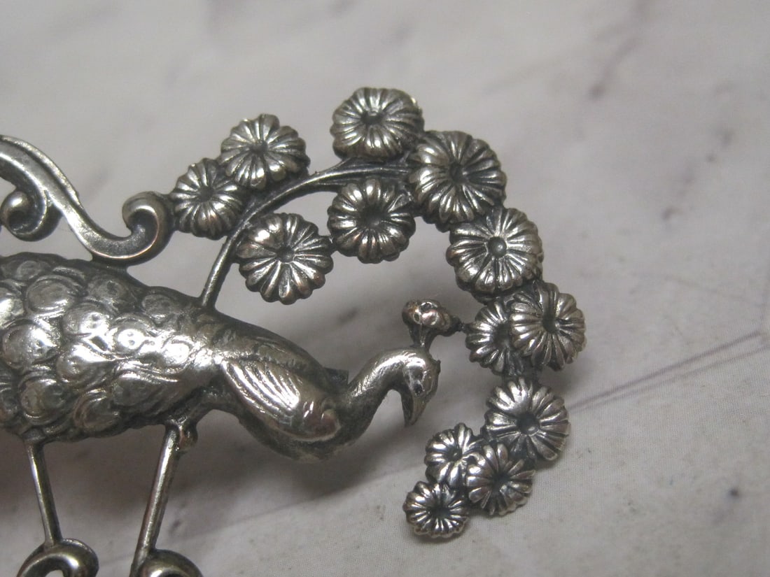 1930's-1940's Sterling Silver Peacock Brooch - 2