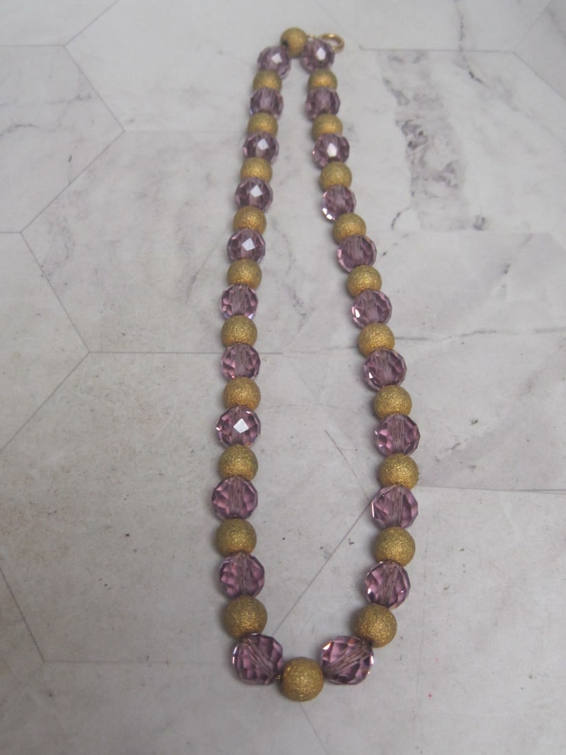 16" 1920's-1930's R.F. Simmons Necklace with Gold-filled Chain & Balls & Plum Crystal Balls: Signed