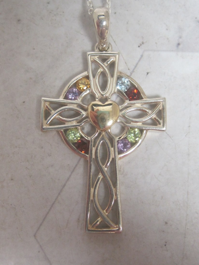 Sterling Silver Cros Pendant with 14k Gold Heart Center & 8 Gemstones on 18" Sterling Silver Chain - 2