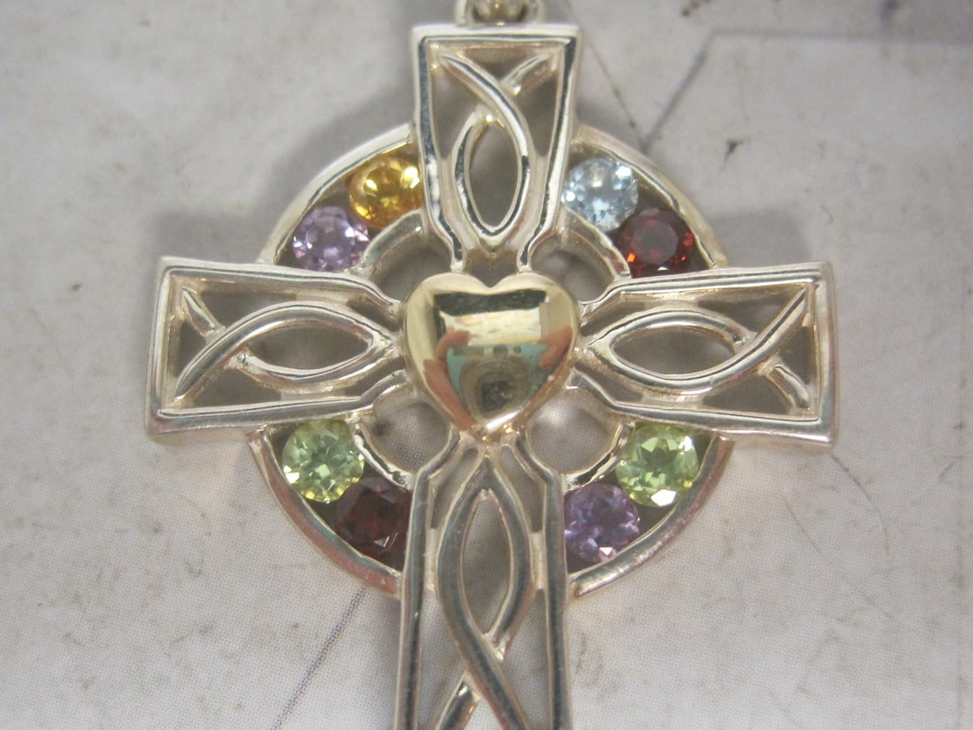 Sterling Silver Cros Pendant with 14k Gold Heart Center & 8 Gemstones on 18" Sterling Silver Chain - 3