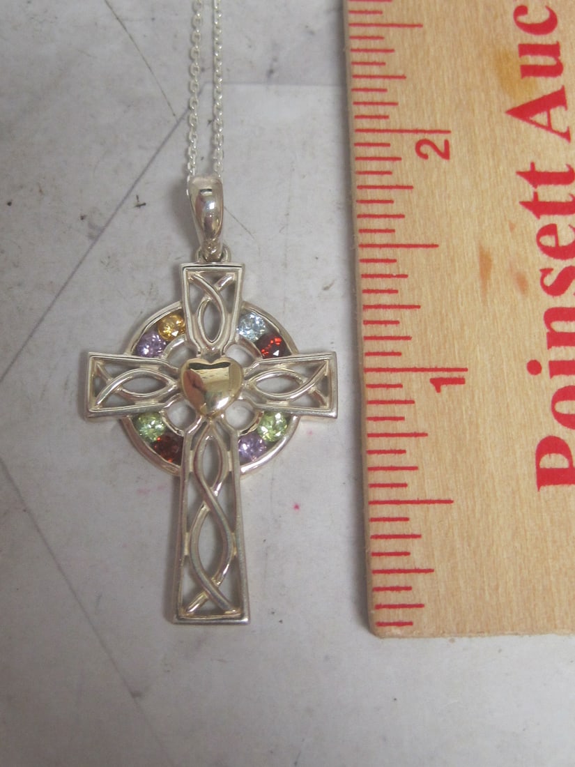 Sterling Silver Cros Pendant with 14k Gold Heart Center & 8 Gemstones on 18" Sterling Silver Chain - 6