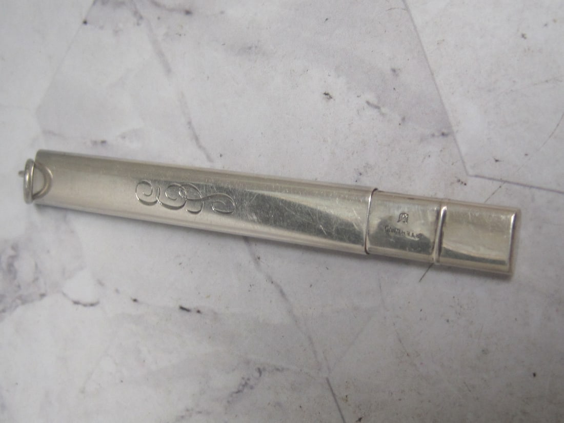 Sterling Silver 1910-1920's Chatelaine Pencil in Holder: Weighs 7.2 grams without pencil. FJ Makers Mark. Inscribed ES