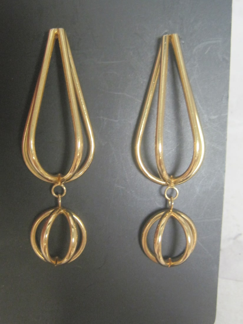 14k Gold Double Cage with Dangle Construct Pierced Earrings - 2