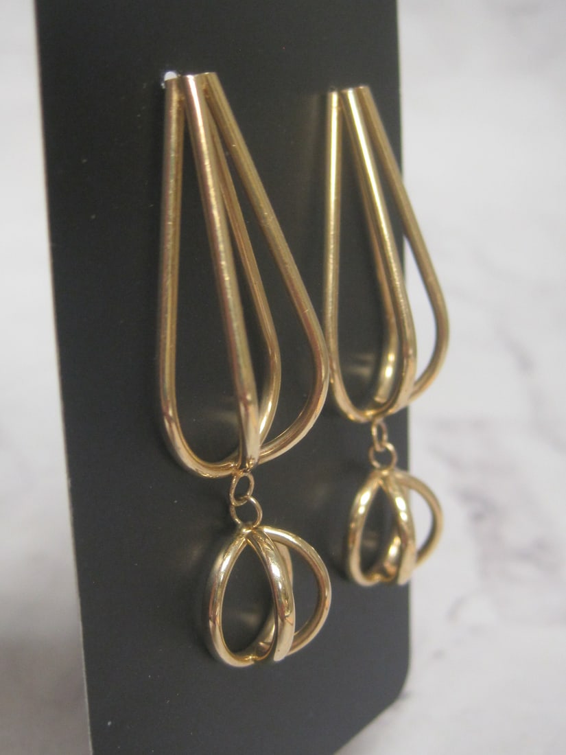 14k Gold Double Cage with Dangle Construct Pierced Earrings - 4