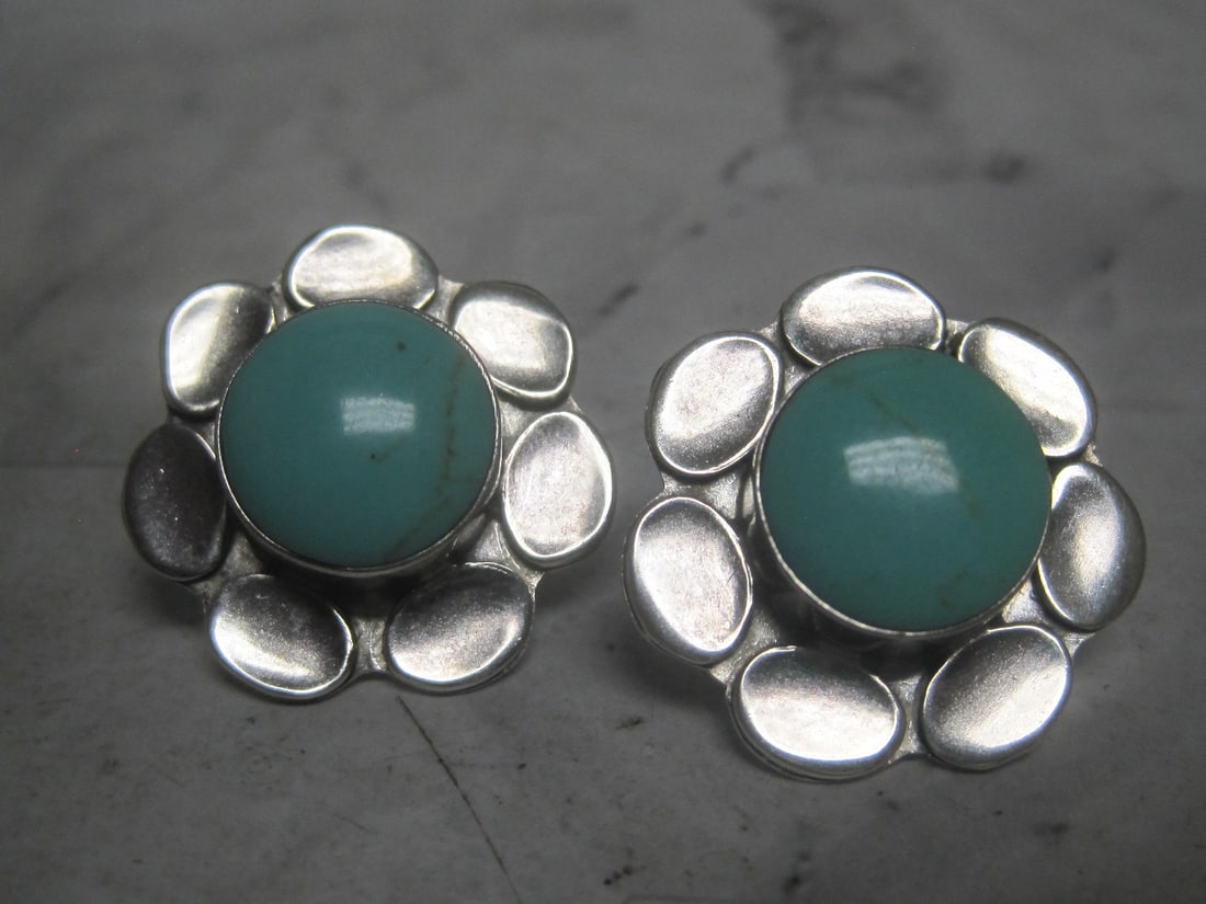 Sterling Silver Turquoise Flower Shaped Pierced Earrings: Weighs 14.7 grams 