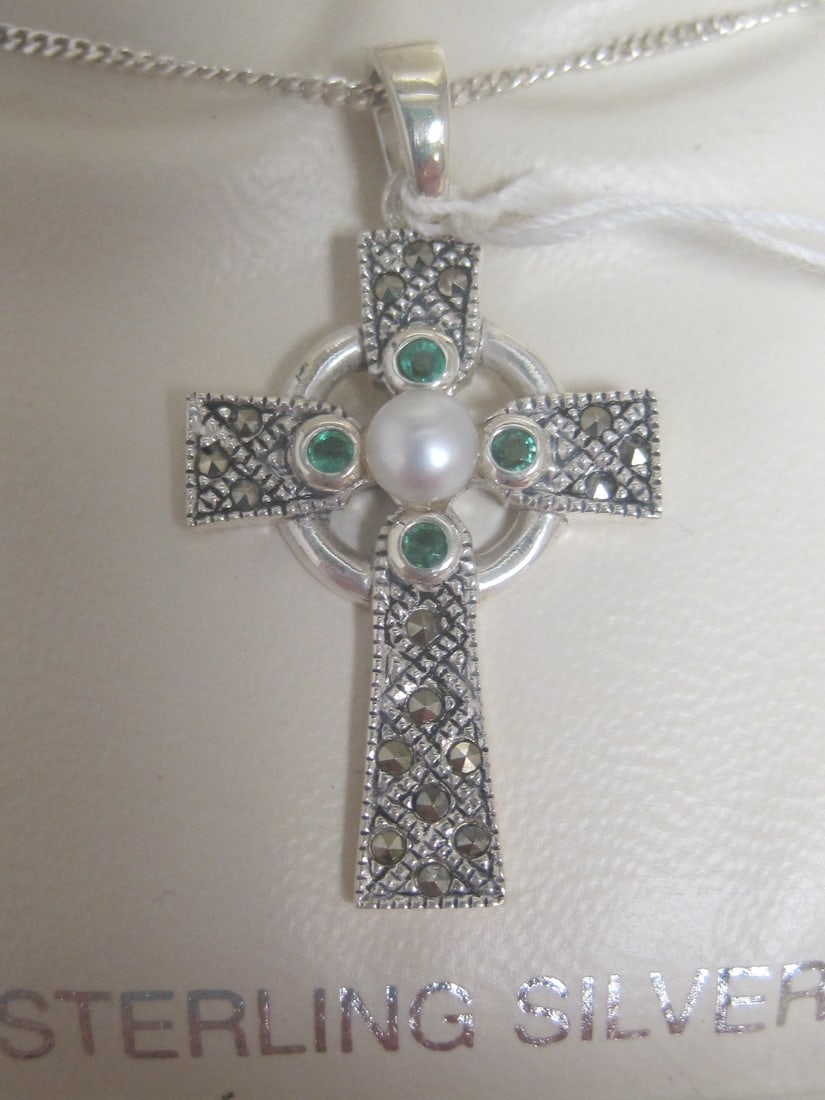 Sterling Silver Cross Pendant with Pearls, Marcasite, & Green Stones on 18" Sterling Silver Chain - 2
