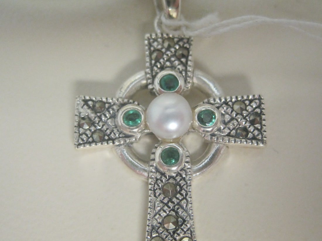 Sterling Silver Cross Pendant with Pearls, Marcasite, & Green Stones on 18" Sterling Silver Chain - 3