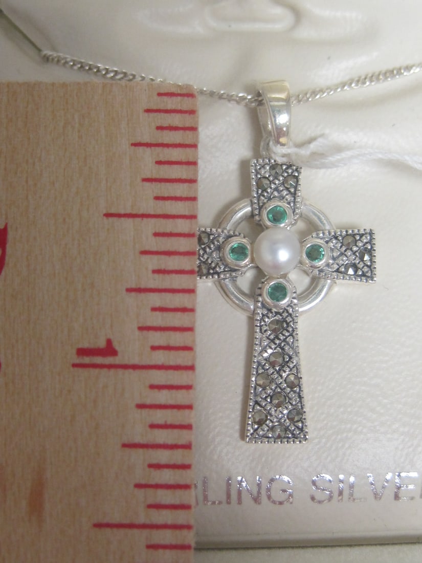 Sterling Silver Cross Pendant with Pearls, Marcasite, & Green Stones on 18" Sterling Silver Chain - 5
