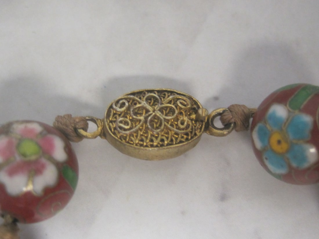 24" Vintage Cloisonne Necklace with Fancy Filigree Gold Vermeil Clasp - 5